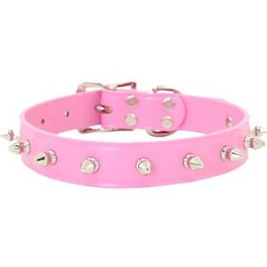 Spiked Leather Collar with 1 Row of Spikes - Pink
